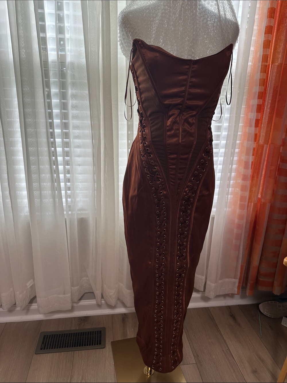 AKIRA Strapless Corset Satin Midi Dress in Chocolate Brown - Picture 3 of 10